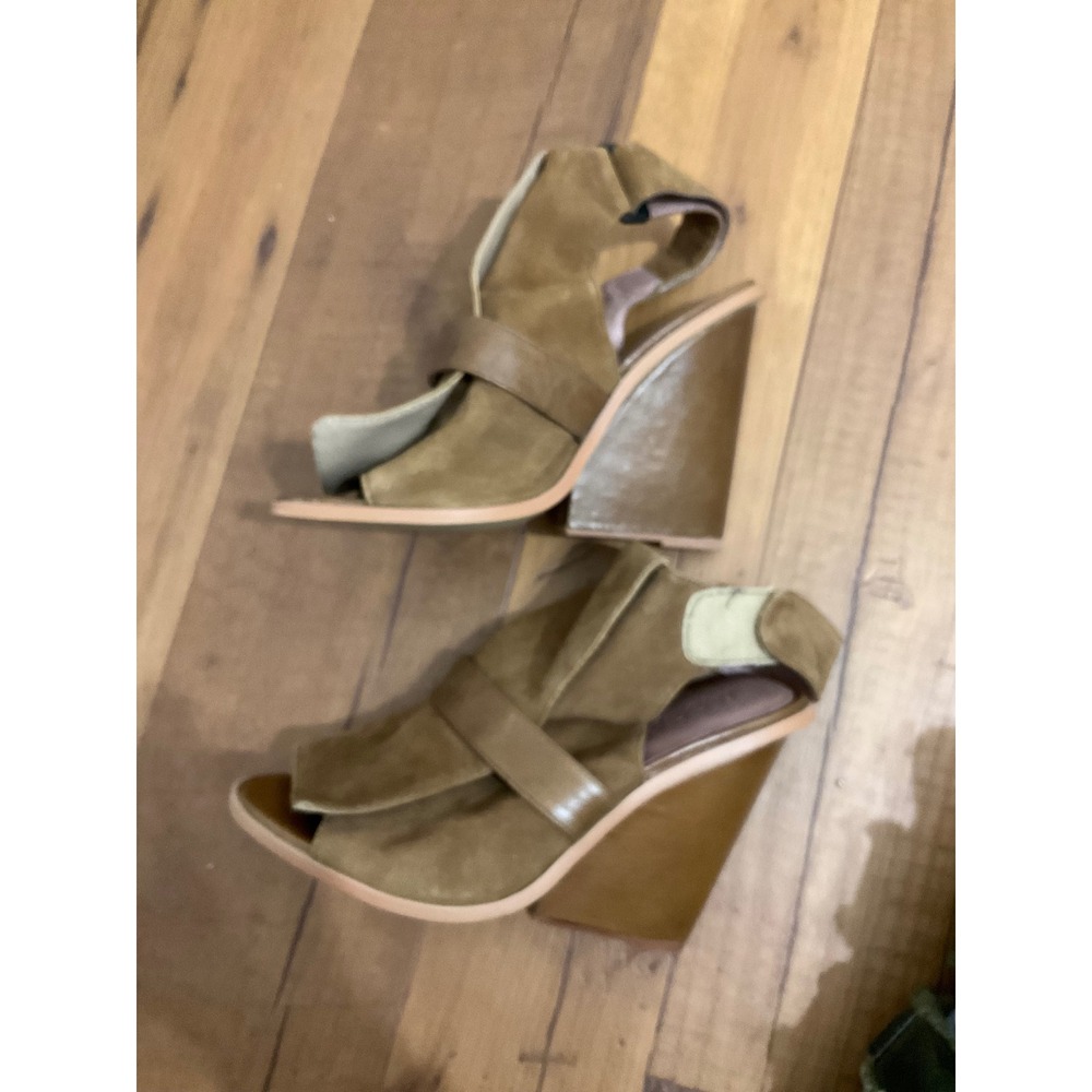 Jaggar Tan Suede Wedge Sandals Open Toe Ankle Strap Sculptural Heel Brown 37 - Picture 4 of 7